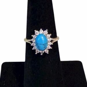 Elegant Turquoise Blue and Silver Stainless Steel Women's CZ Ring Sz 5